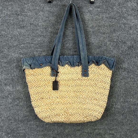 Ralph Lauren Handbags - Vintage Ralph Lauren Straw Tote Bag Large Beige Denim Trim Beach Boho Summer